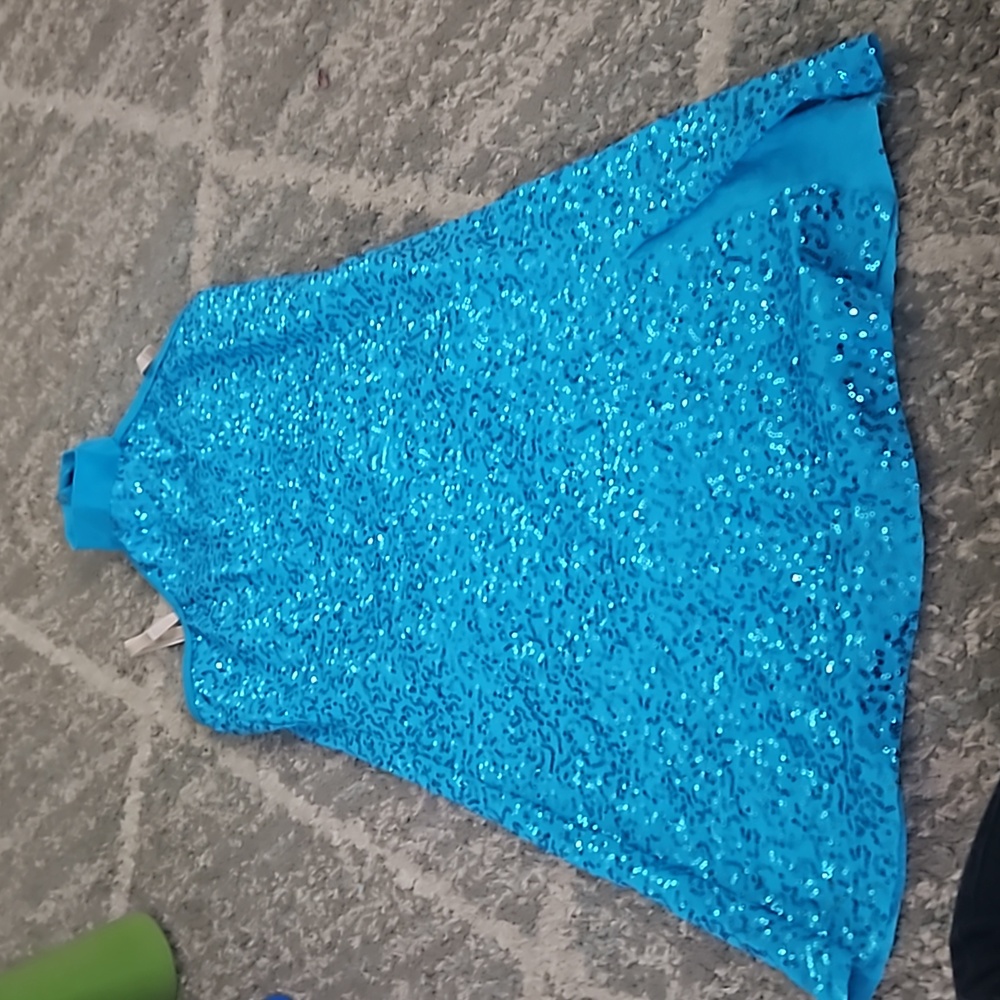 Blue sparkly figure skating dress. Built in bra straps.